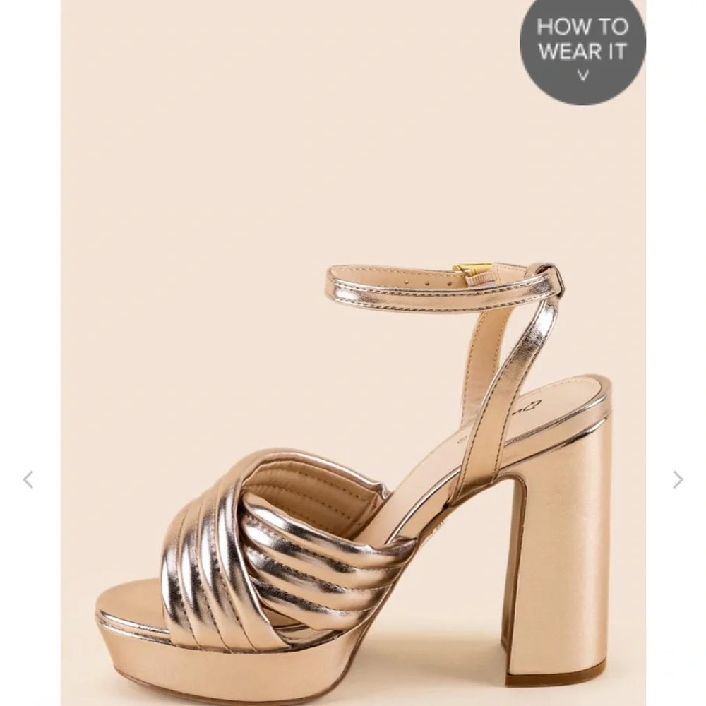 Qupid Metallic Rose Gold Platform Block Heel Sandals with Ankle Strap